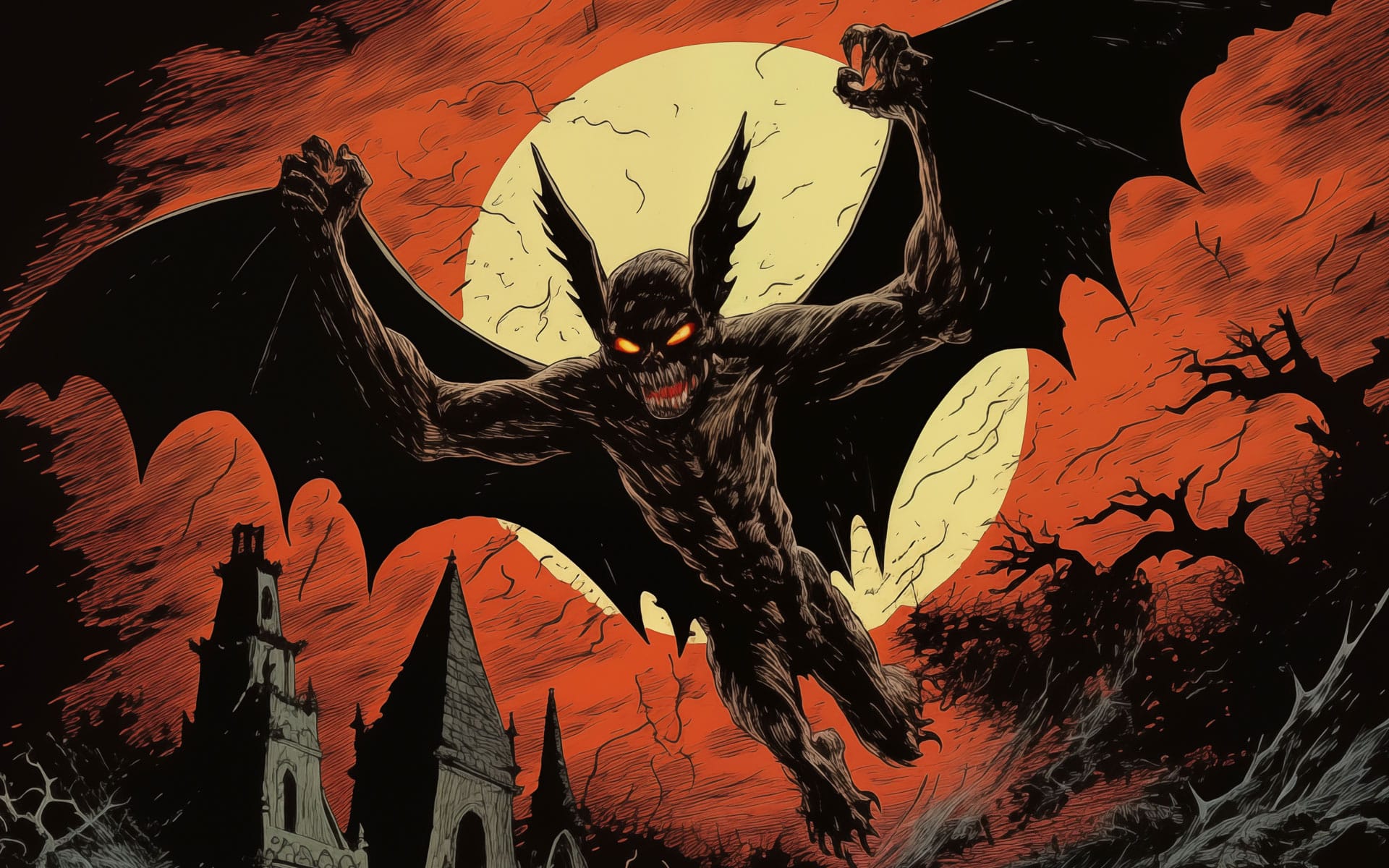 fi-drawn-to-fear-horror-comic-books Comic book style illustration of a winged demon flying in front of a full moon