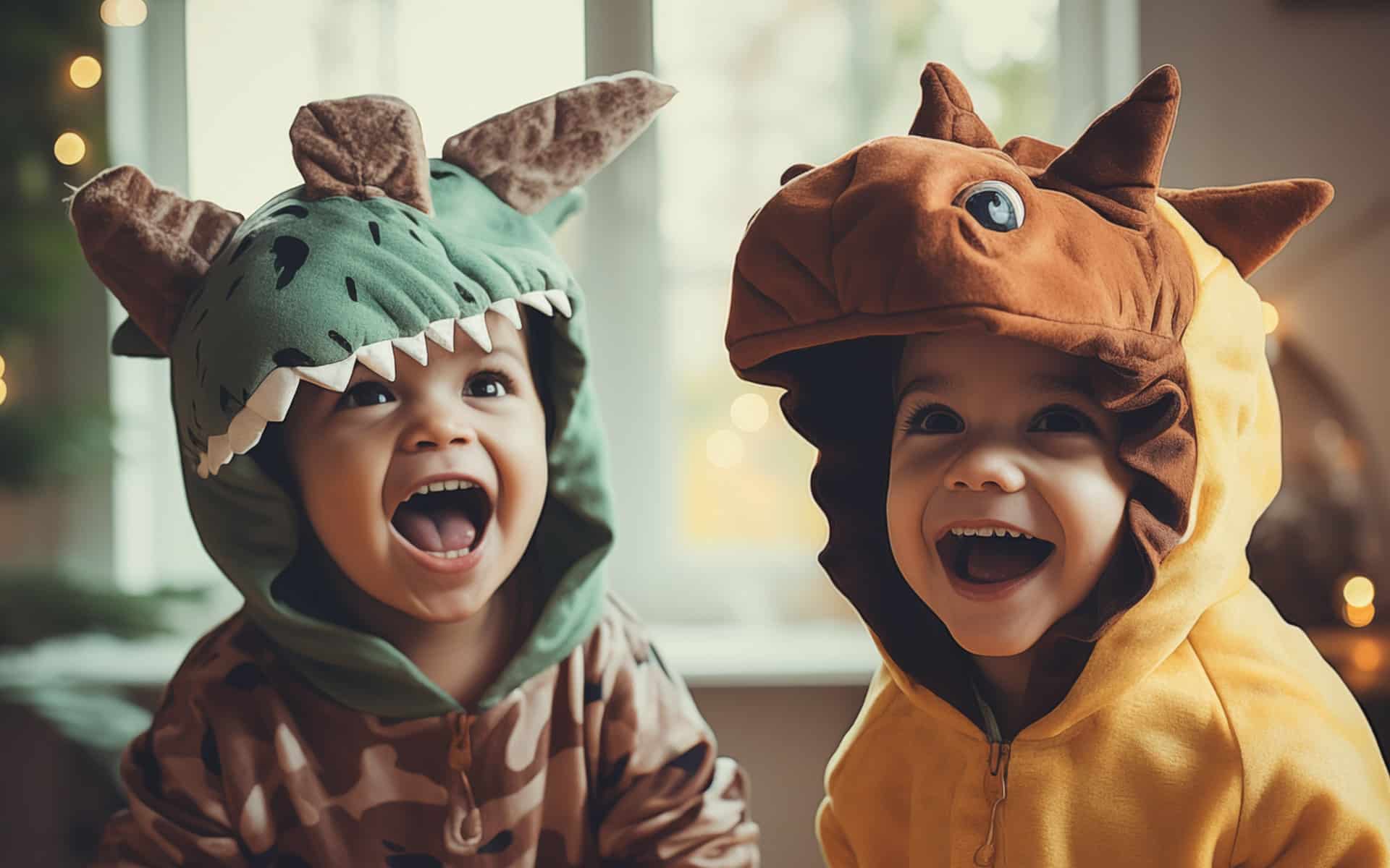 fi24-diy-dinosaur-costumes a joyous image of two young kids roaring like a T-Rex in their homemade do-it-yourself dinosaur costume for Halloween