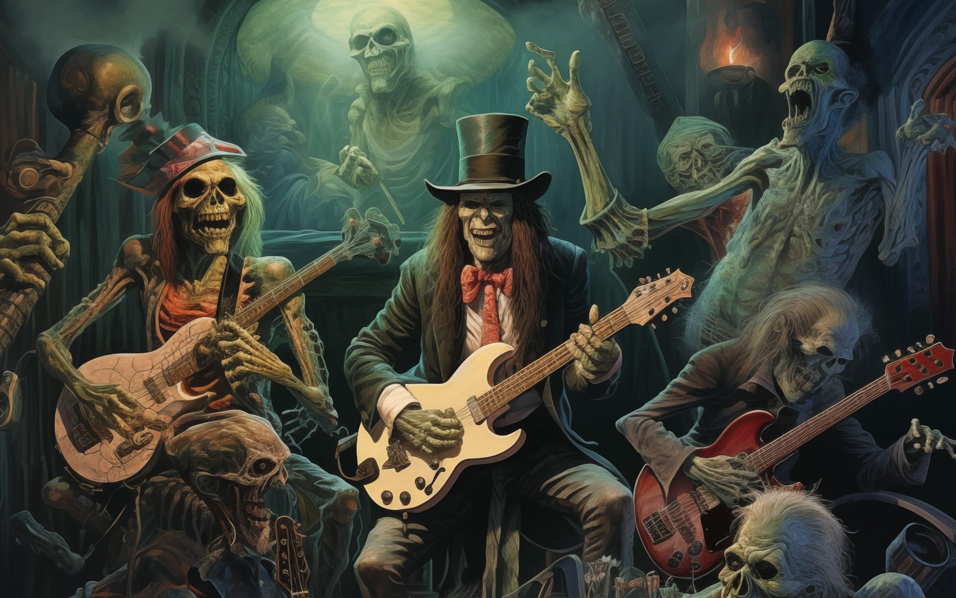 fi24-halloween-music-hero the band is back together in an image of a ghoulish rock band filled with demons and monsters