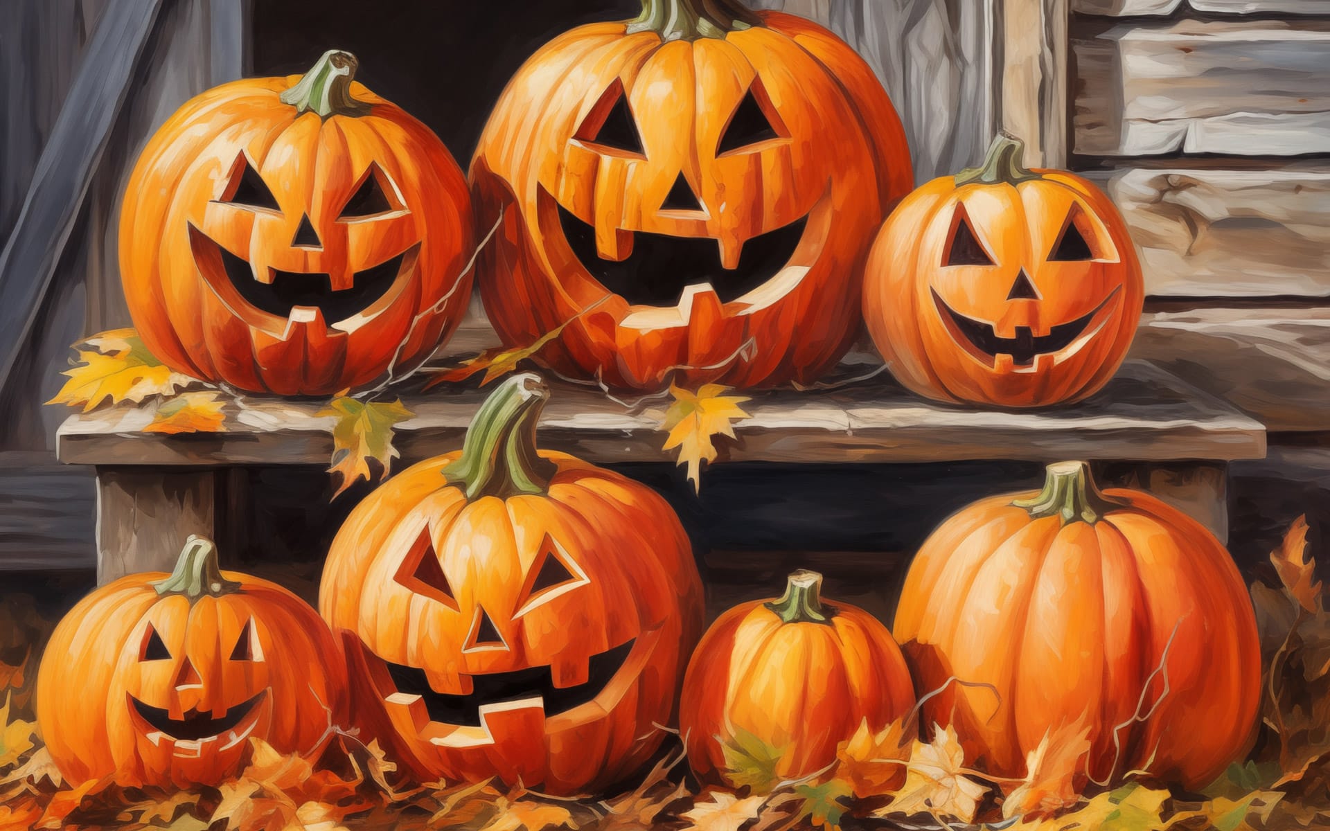 fi24-pumpkin-carving-hero-alt image of carved pumpkins on bench in a rustic setting with autumn leaves on the ground