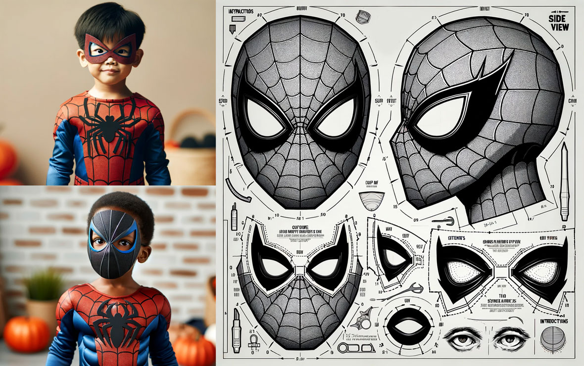 Weaving Your Own Web: DIY Spider-Man Costume Ideas for Halloween 1 image of two young spider man costumes and a pattern to create a mask from