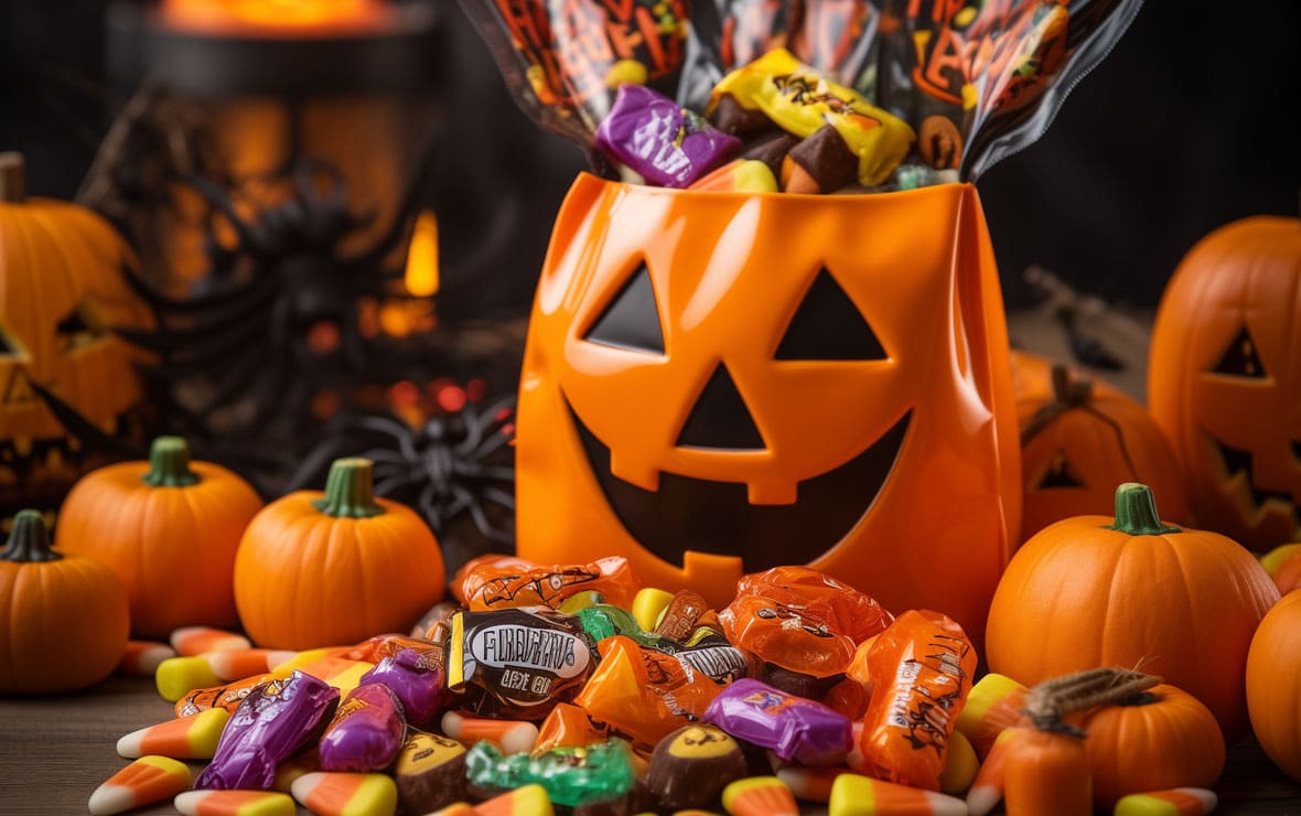 Ghosts, Goblins, and Guidelines: Celebrating Halloween Safely This Year 5 Trick or treat Halloween candy spread out across a table