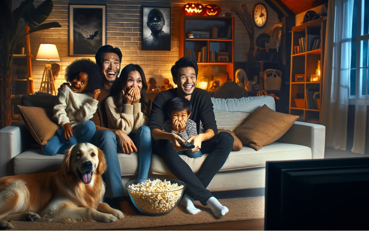 Ghosts, Goblins, and Guidelines: Celebrating Halloween Safely This Year 4 image of a family on the living room couch watching horror movies