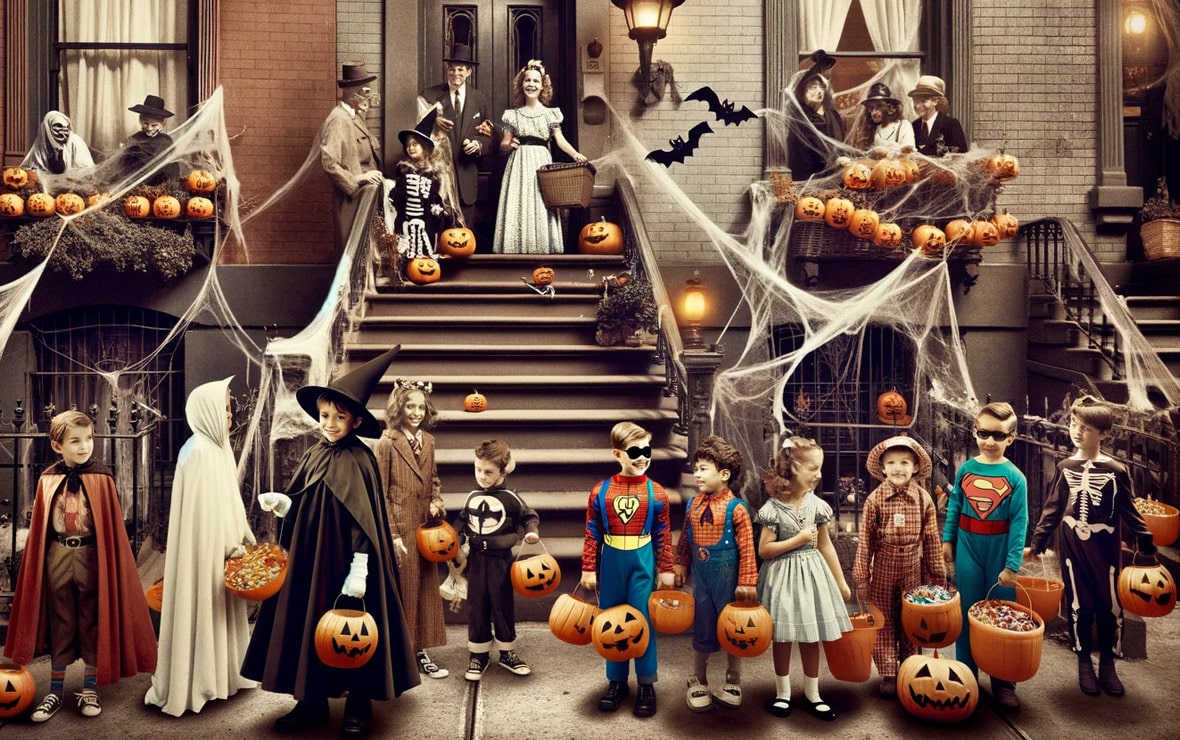 Ghosts, Goblins, and Guidelines: Celebrating Halloween Safely This Year 1 a vintage-style image depicting trick-or-treating on Halloween night in New York City, set in the 1950s. The scene includes children in classic costumes, iconic New York City brownstones, and festive Halloween decorations.