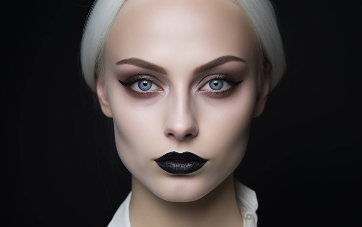 Master the Art of Horror: How to Achieve Hollywood Makeup Effects at Home! 2 "image of base make up on a woman's face, dark eyeshadows and black lipstick