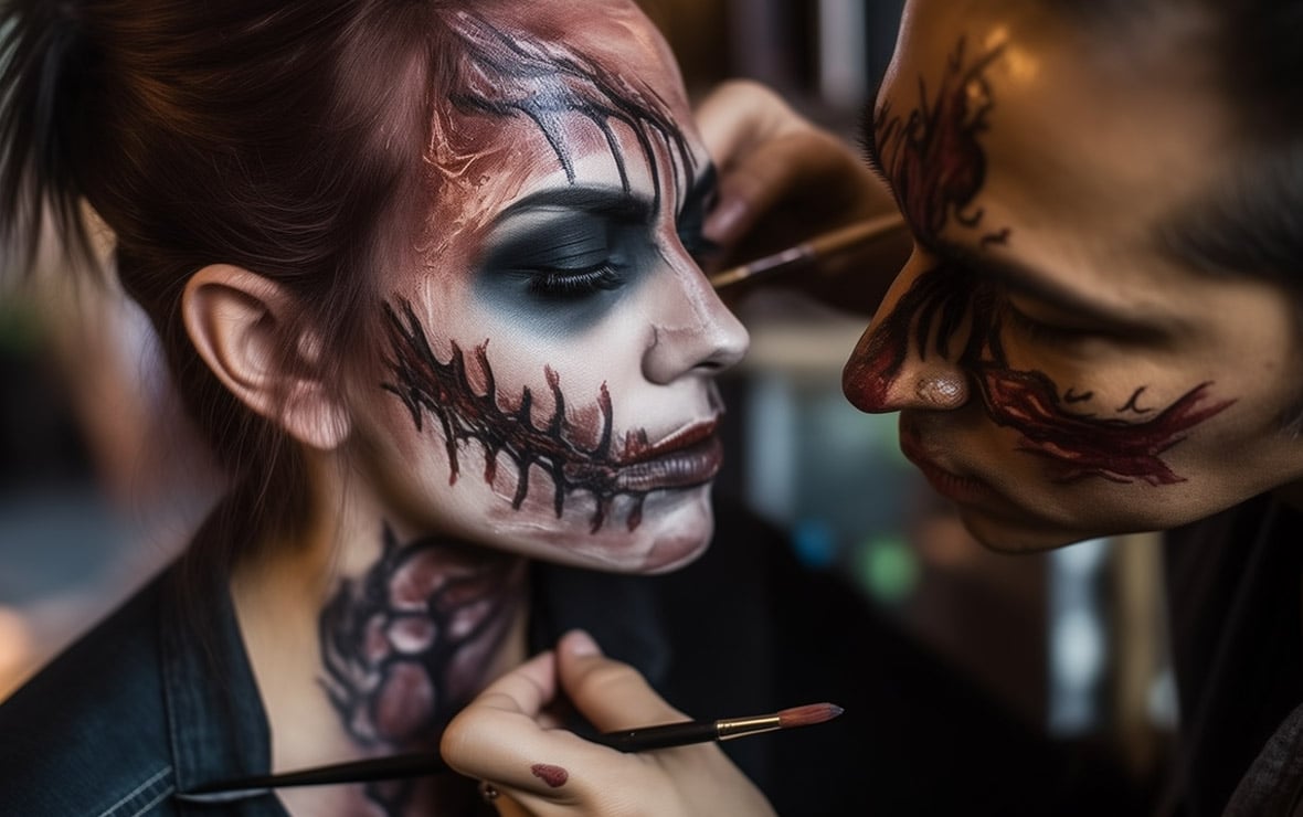 Master the Art of Horror: How to Achieve Hollywood Makeup Effects at Home! 3 "image of makeup artist putting finishing touches on exaggerated but realistic stitches on a woman's face