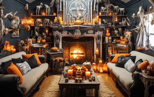 Hauntingly Beautiful: A Guide to Decorating Your Home for Halloween 5 a fully Halloween decorated living room