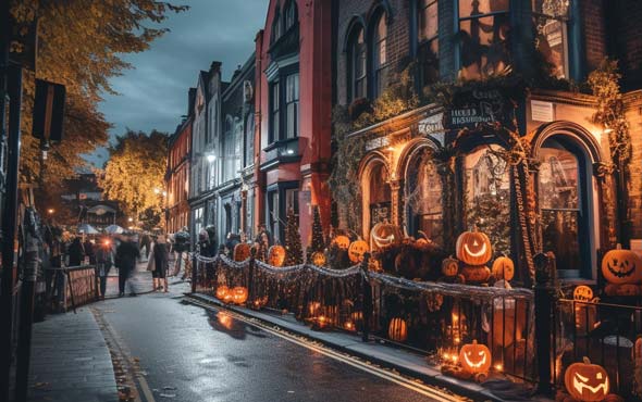 Ultimate Guide to Halloween Holiday<br>Origin and Traditions 15 A welcoming street in Dublin, Ireland decorated for Halloween