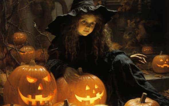 Ultimate Guide to Halloween Holiday<br>Origin and Traditions 3 young irish girl in witches clothing surrounded by jack o'lanterns