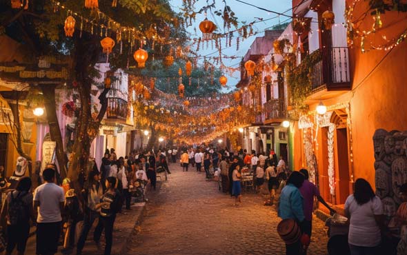Ultimate Guide to Halloween Holiday<br>Origin and Traditions 17 A vibrant Halloween celebration in a small town in Mexico