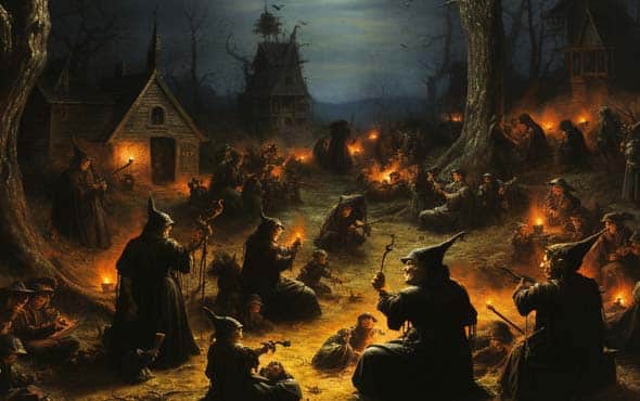 Ultimate Guide to Halloween Holiday<br>Origin and Traditions 10 witches' sabbath, a gathering of witches under a moonlit Halloween night sky