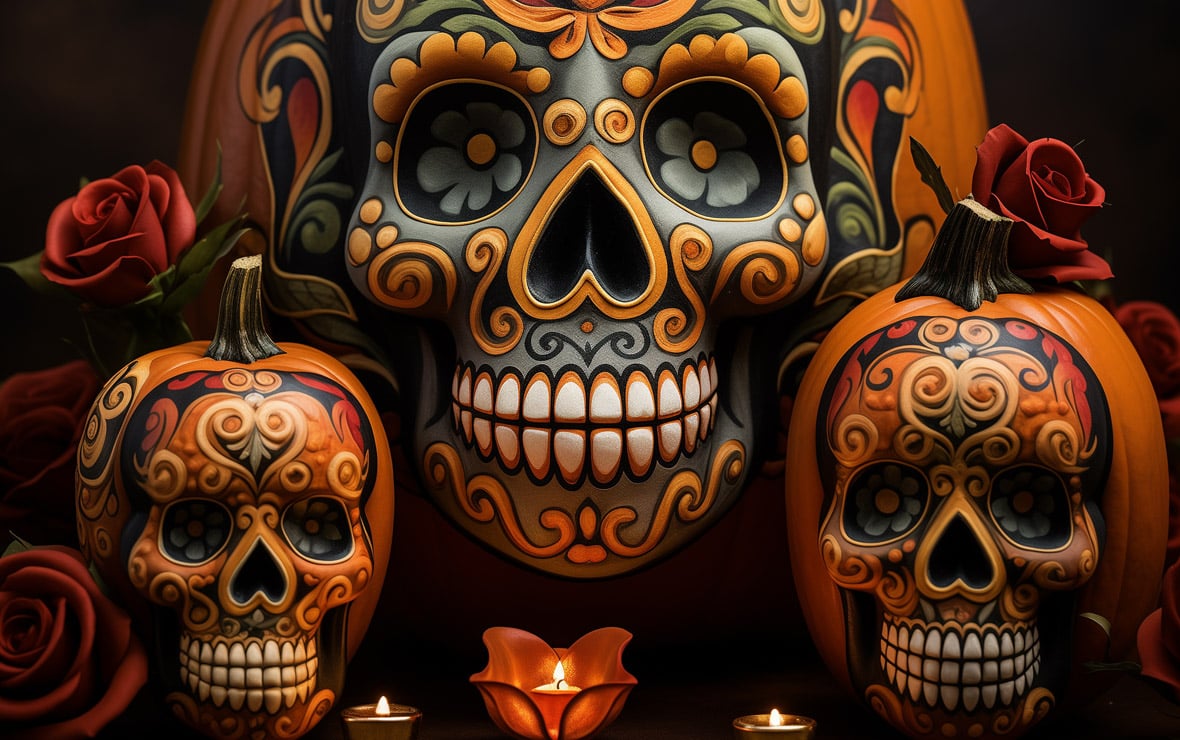 Guide to Creative Halloween Pumpkin Carving: Tips, Tricks, and Alternatives 3 Halloween pumpkins painted in Dia de los Muertos inspiration