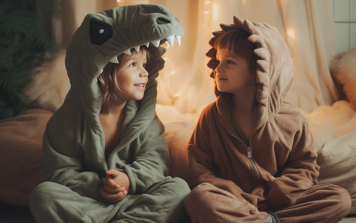 Haunt Couture: 13 Easy DIY Halloween Costumes 3 a smiling young brother and sister in their homemade DIY dinosaur costumes for Halloween
