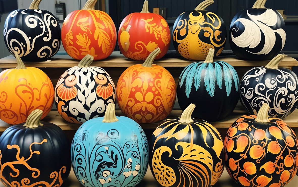 Guide to Creative Halloween Pumpkin Carving: Tips, Tricks, and Alternatives 2 a photo of an array of painted Halloween pumpkins as opposed to the traditional carving method