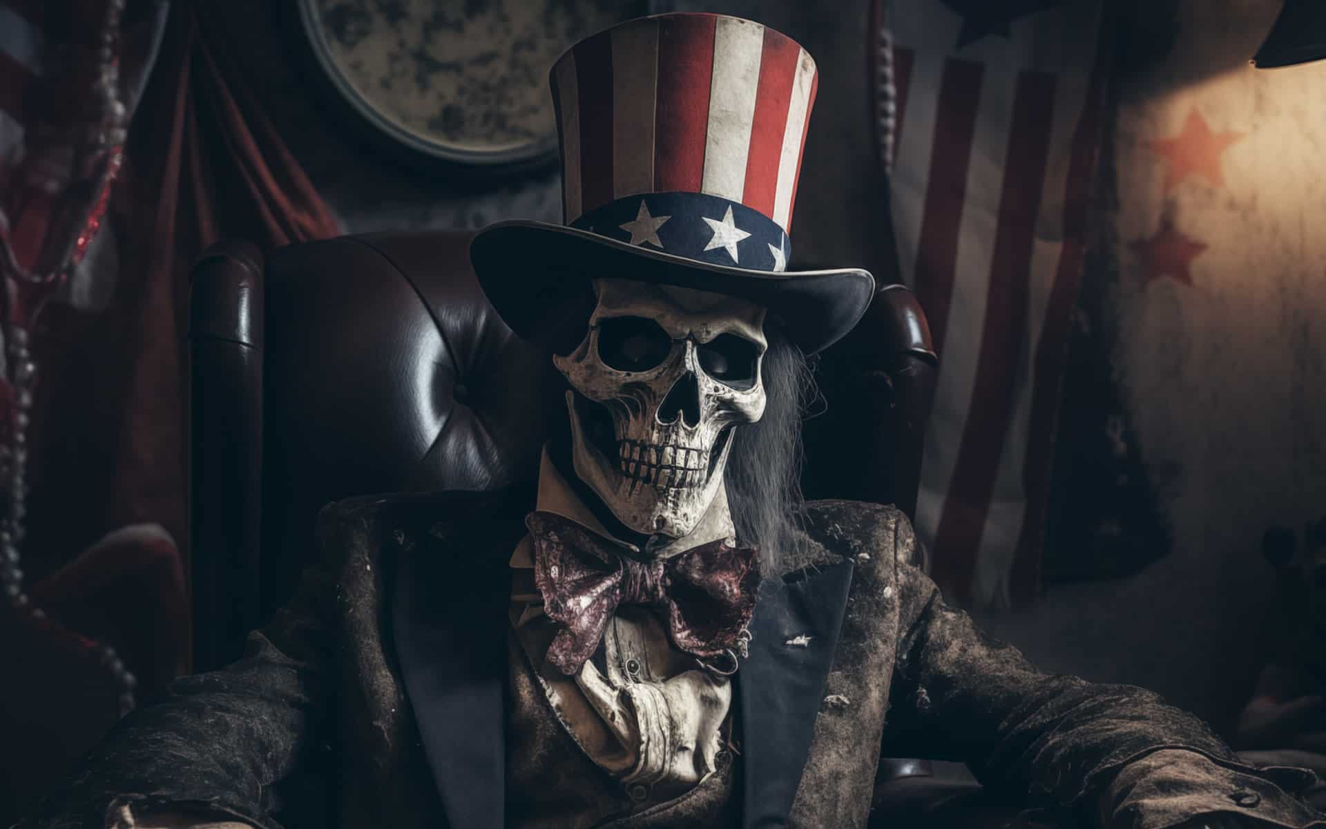 fi-USA-haunted-locations-hero image of a skeleton in an Uncle Sam's top hat