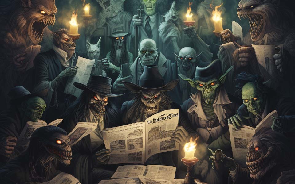 image of a group of monsters and ghouls reading the Halloween Times newsletter
