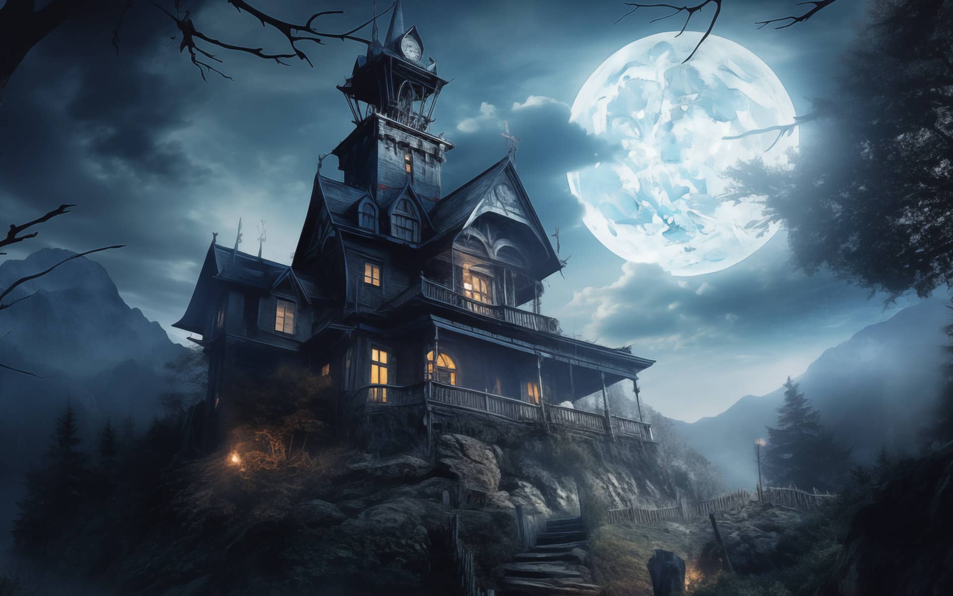 fi24-Haunting@Hawthorn-hero a view of the haunted Hawthorn house on full moon night with eerie clouds and bats flying around