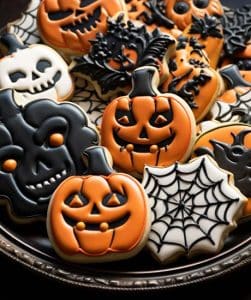 a plate of fully decorated Halloween themed sugar cookies with pumpkins and spider webs
