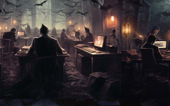 Our Mission : Preserving Halloween's Eternal Enchantment 3 image of spooky, dark office with bats flying above and workers at desks