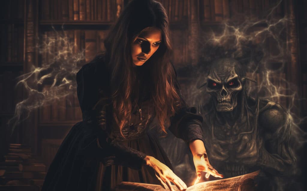 image of Halloween Trading Company mailroom worker visited by a menacing looking ghostly spirit