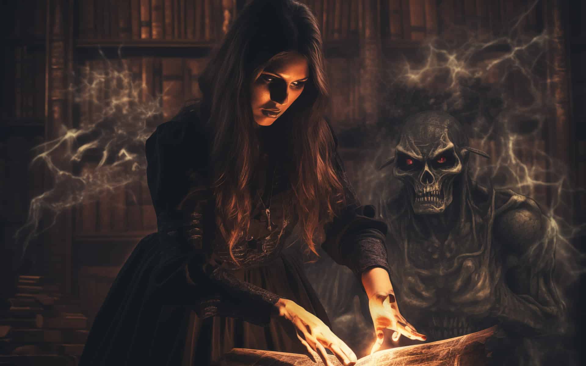 fi24SummonHTC-hero image of Halloween Trading Company mailroom worker visited by a menacing looking ghostly spirit