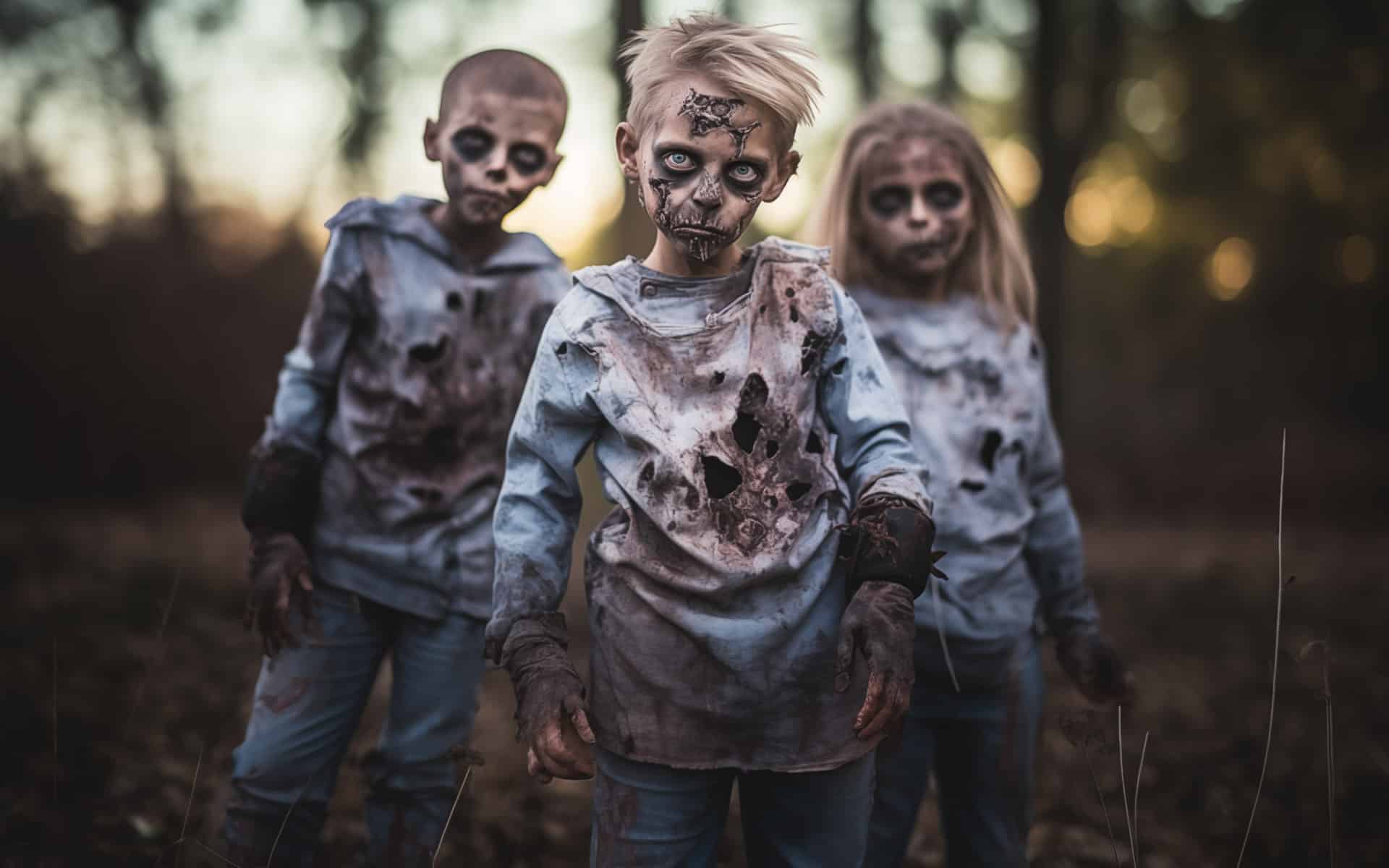 Haunt Couture: 13 Easy DIY Halloween Costumes 9 image of three young zombies in a field as the sun sets on Halloween night.