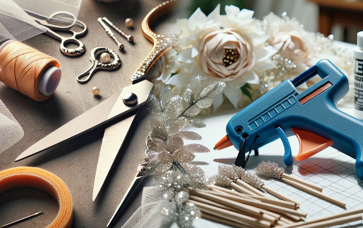 An image of the tools needed to create an awesome Halloween fairy costume, scissors, thread, glue guns, needles and more