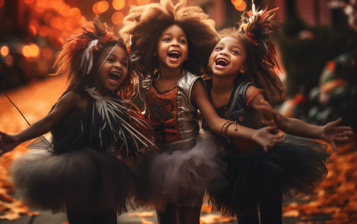 Go Team! DIY Cheerleader Costume Ideas to Pump Up Your Halloween 1 image of three little girls in matching do-it-yourself cheerleader costumes for Halloween
