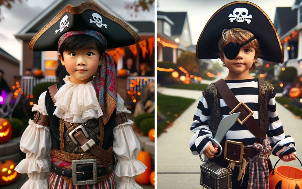 Conquer Halloween with This DIY Pirate Costume (Guaranteed Booty Haul!) 1 an image of two young trick or treaters on Halloween dressed in swashbuckling pirate costumes.