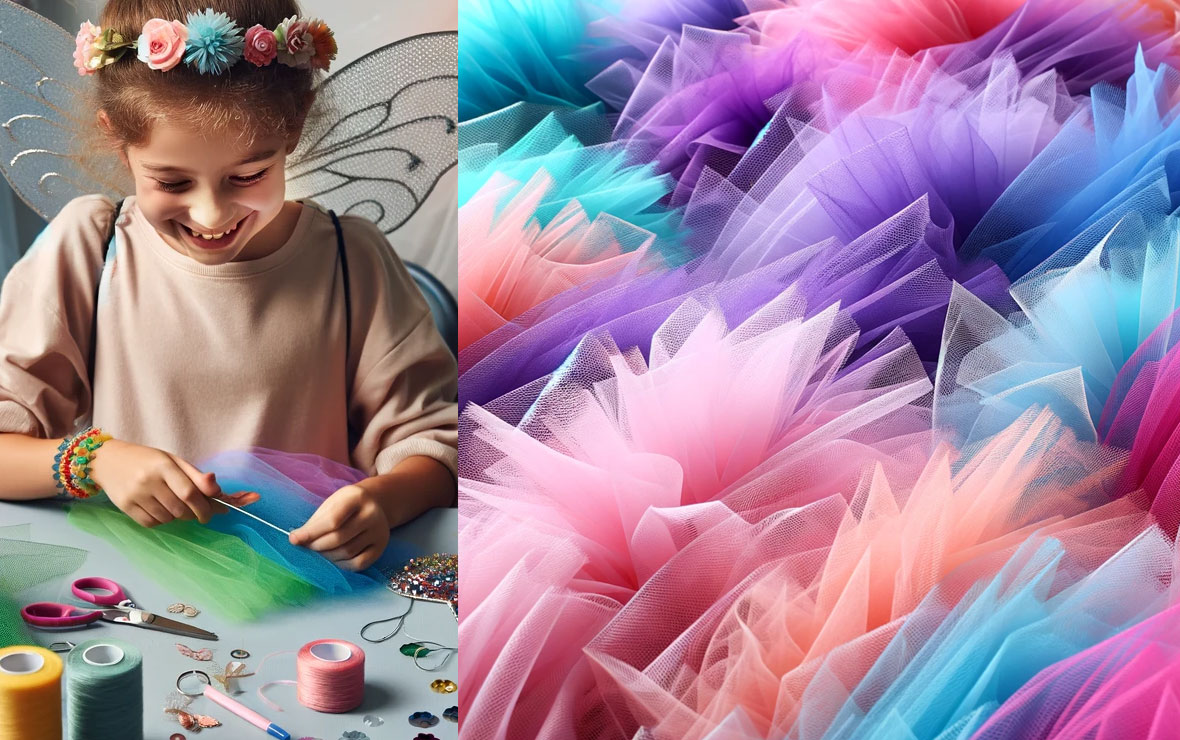 image of a young girl crafting her fairy Halloween costume, and an inset of vibrant, colorful tulle fabrics