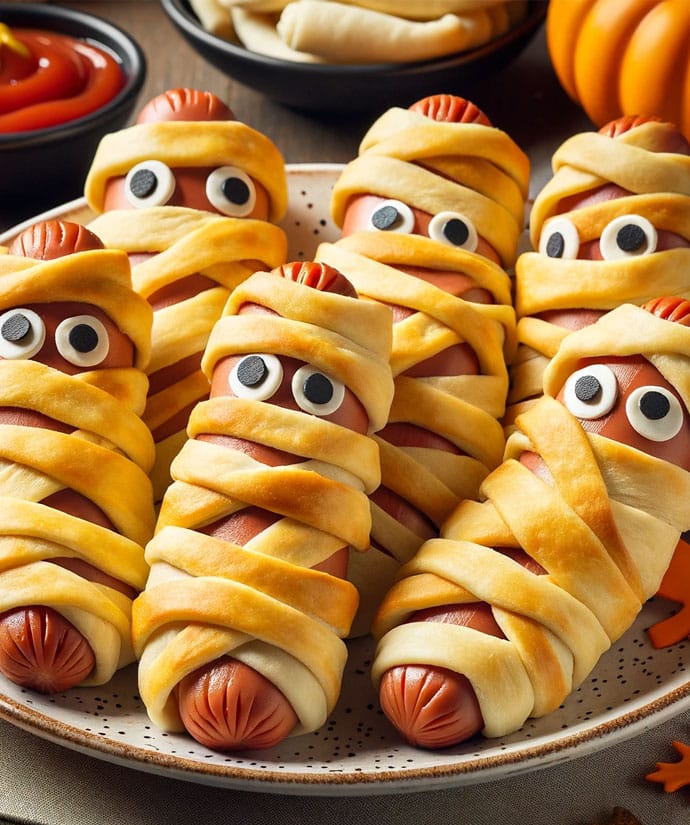 a mouthwatering image of a plate of Halloween hot dogs wrapped in crescent rolls strips to mimic the wrapping of a mummy
