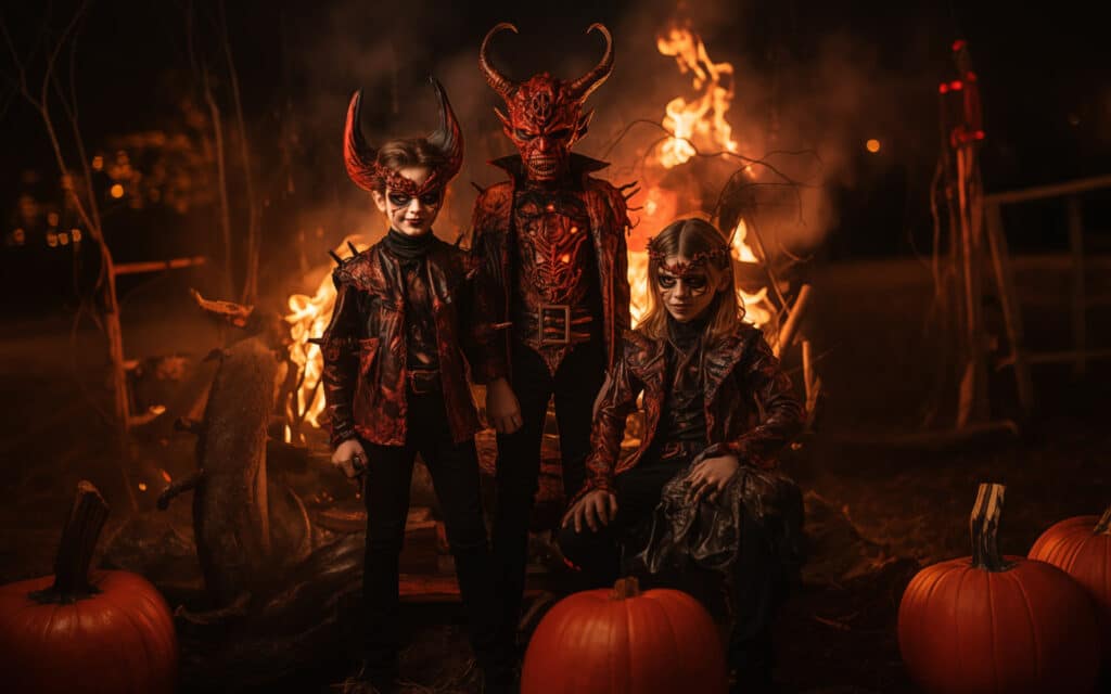 Haunt Couture: 13 Easy DIY Halloween Costumes 11 an image of three homemade devil costume concepts for Halloween in an eerie environment