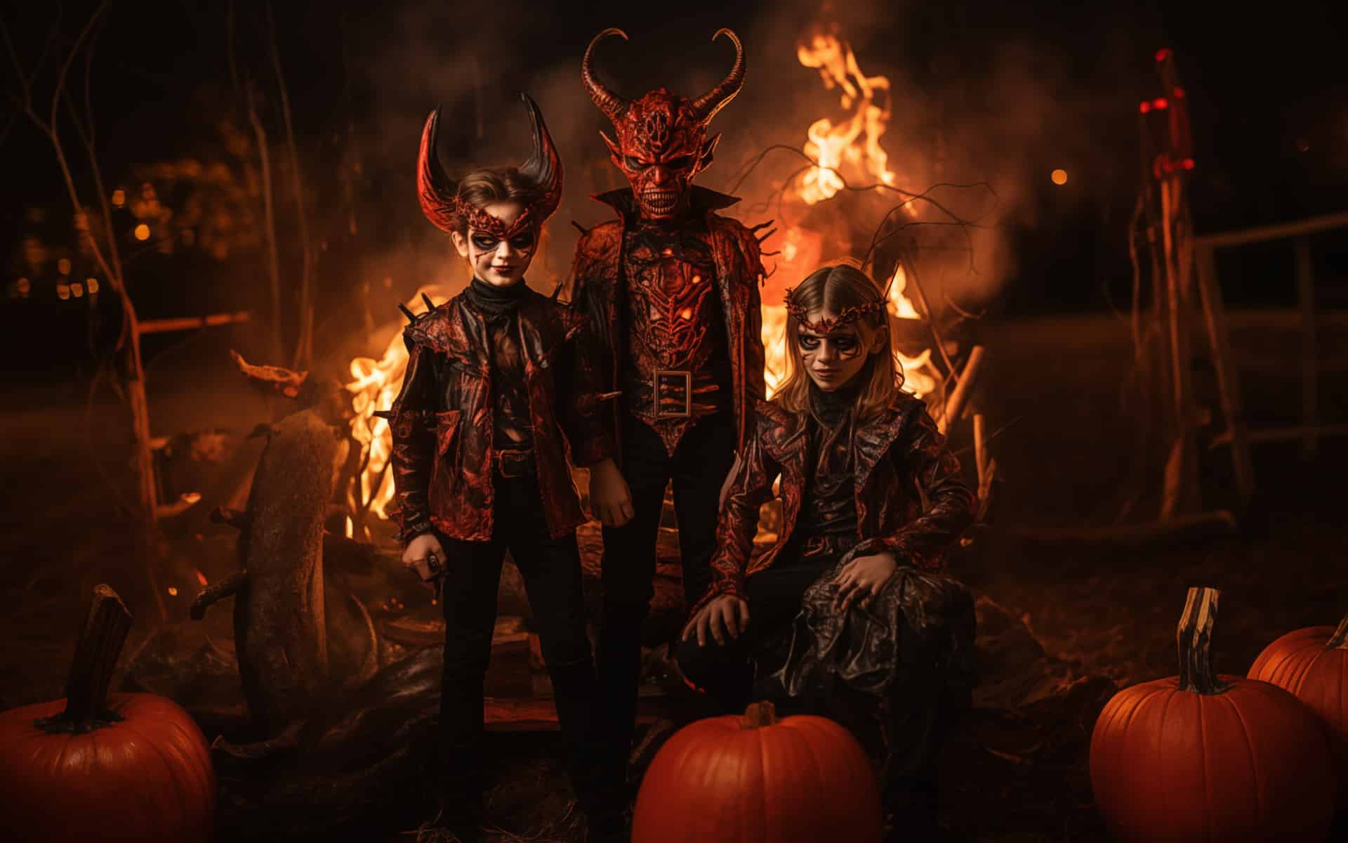 fi-diy-devil-halloween-costume-concepts an image of three homemade devil costume concepts for Halloween in an eerie environment