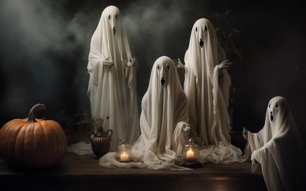 Haunt Couture: 13 Easy DIY Halloween Costumes 10 a spooky image of three ghost costumed Halloween revelers in an eerie atmosphere