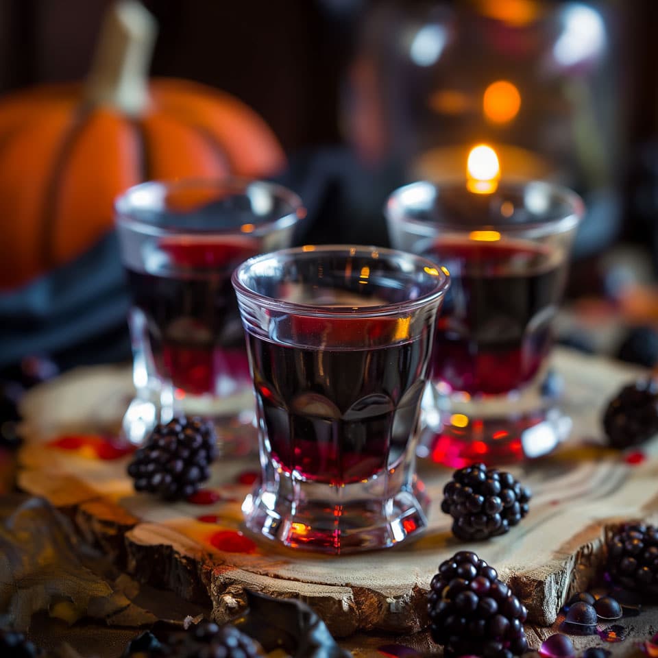 image of a mouth watering group of shot glasses holding a blackberry vodka shot of Jell-O