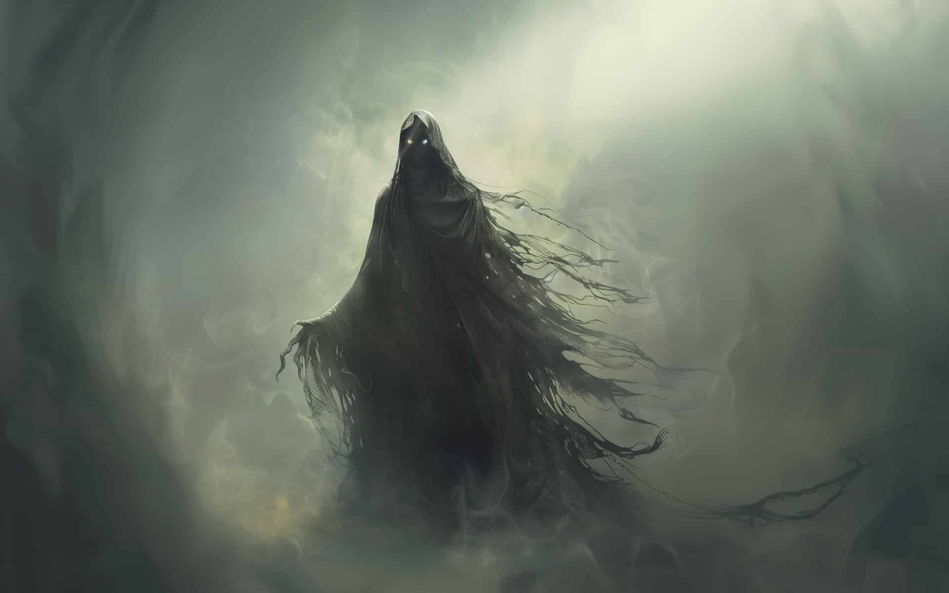 fi-la-mala-hora an eerie image of the enigmatic figure of La Mala Hora, shrouded in misty fog with her piecing yellow eyes glowing in the night air