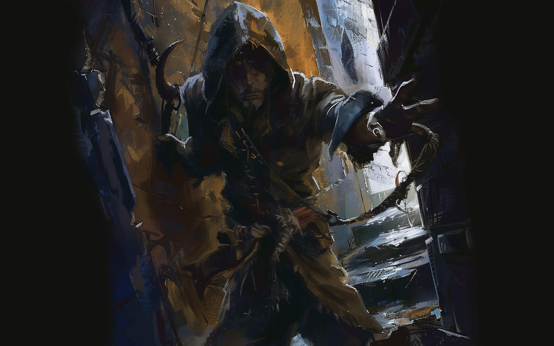 fi-the-cropsey an image of The Cropsey descending a narrow concrete staircase, emerging from a dark alley, poised to strike an unsuspecting victim