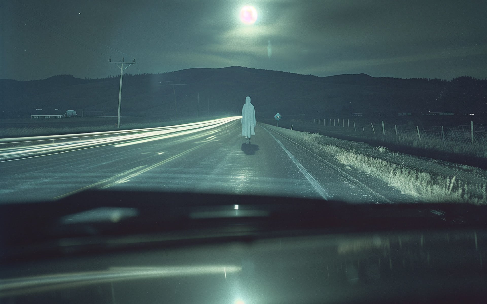 fi-the-phantom-hitchhiker a spectral phantom figure standing in the middle of a Montana highway under a full moonWrite a WWWW