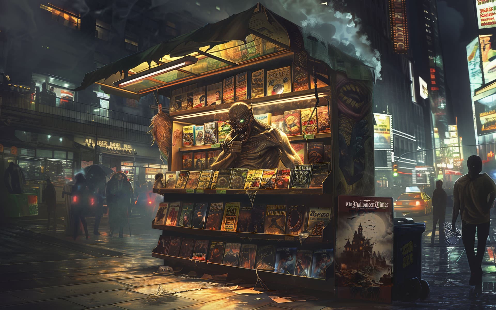 fiGoldenEraMagazines-052024 creepy looking newsstand that sells only horror and monster publications open for business in a sketchy neighborhood.