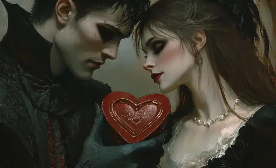 image of a handsome vampire presenting a heart shaped box of chocolates to his beautiful witch on valentines day